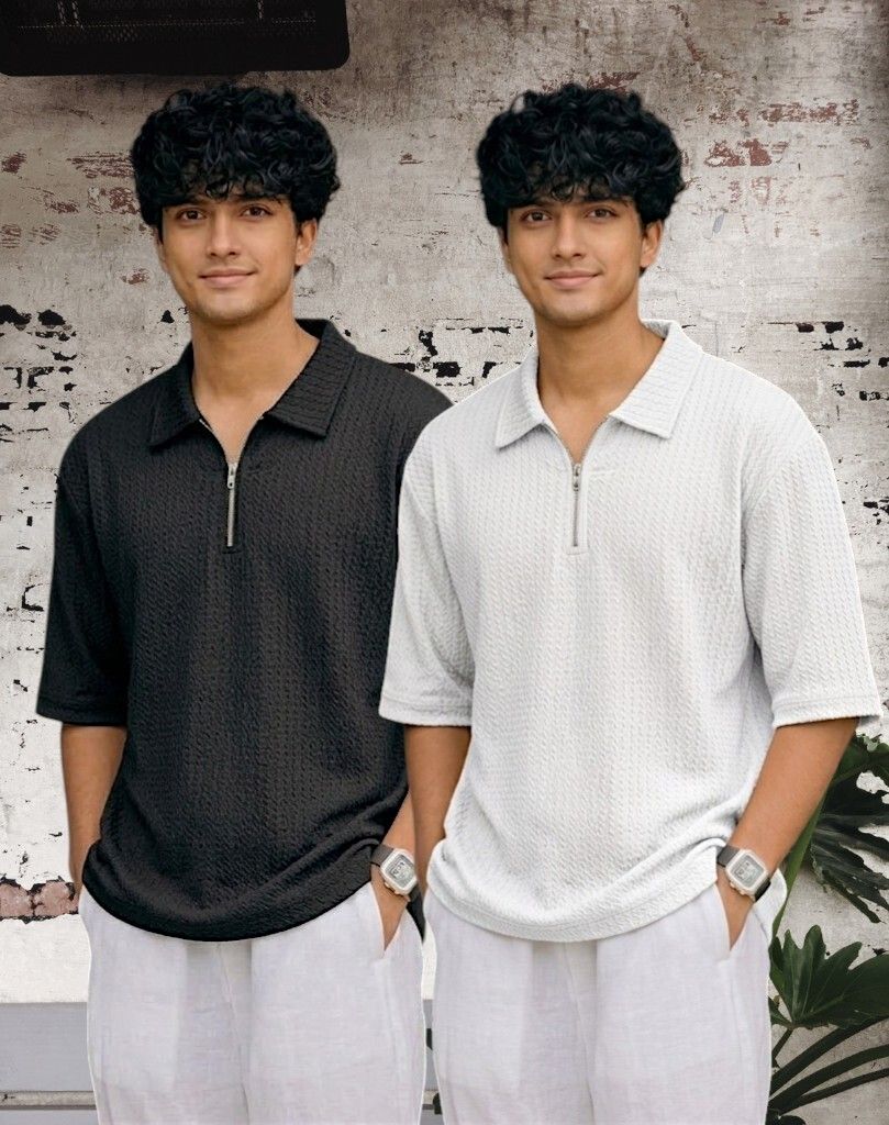 Men Full Sleeve Set of 02 Texture Polo Neck Half Tshirt For Men - Blk Wht