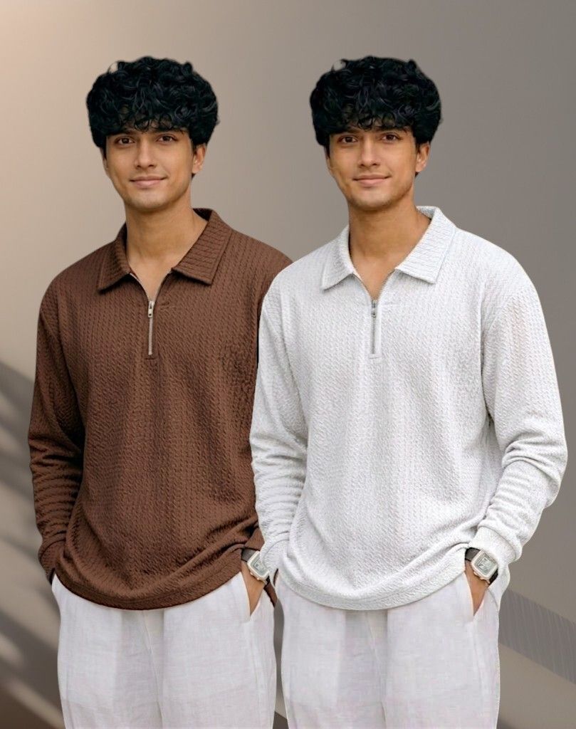Men Full Sleeve Set of 02 Texture Polo Neck Full Tshirt For Men - Wine Brn