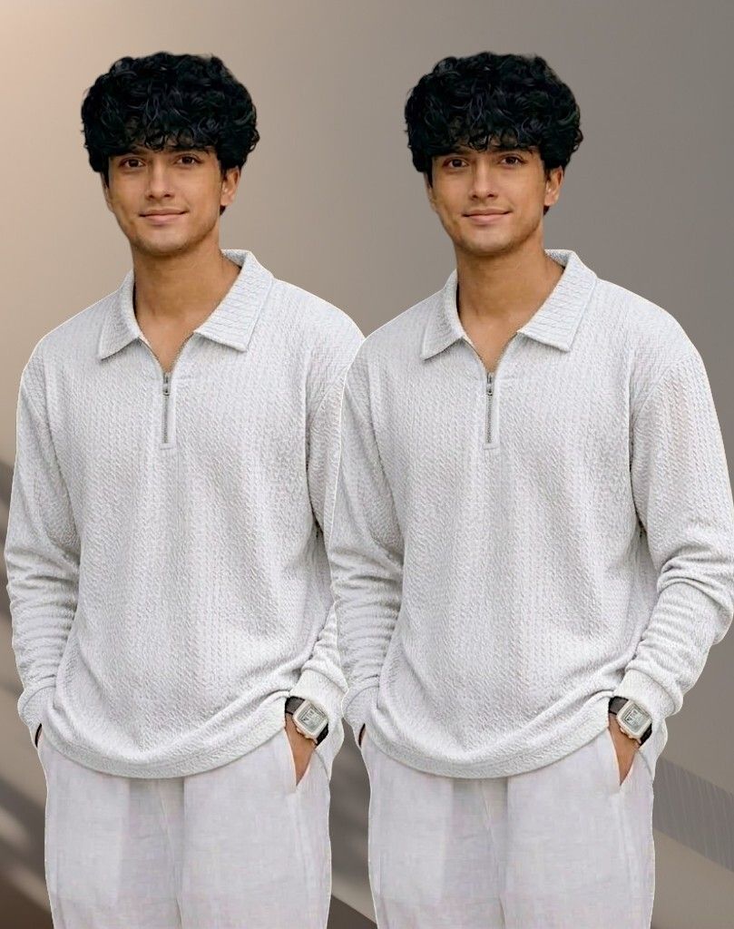Men Full Sleeve Set of 02 Texture Polo Neck Full Tshirt For Men - Wine Wht