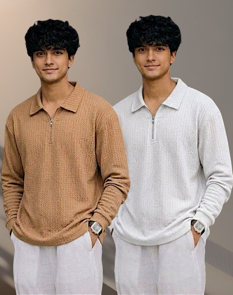 Men Full Sleeve Set of 02 Texture Polo Neck Full Tshirt For Men - Wine Beige