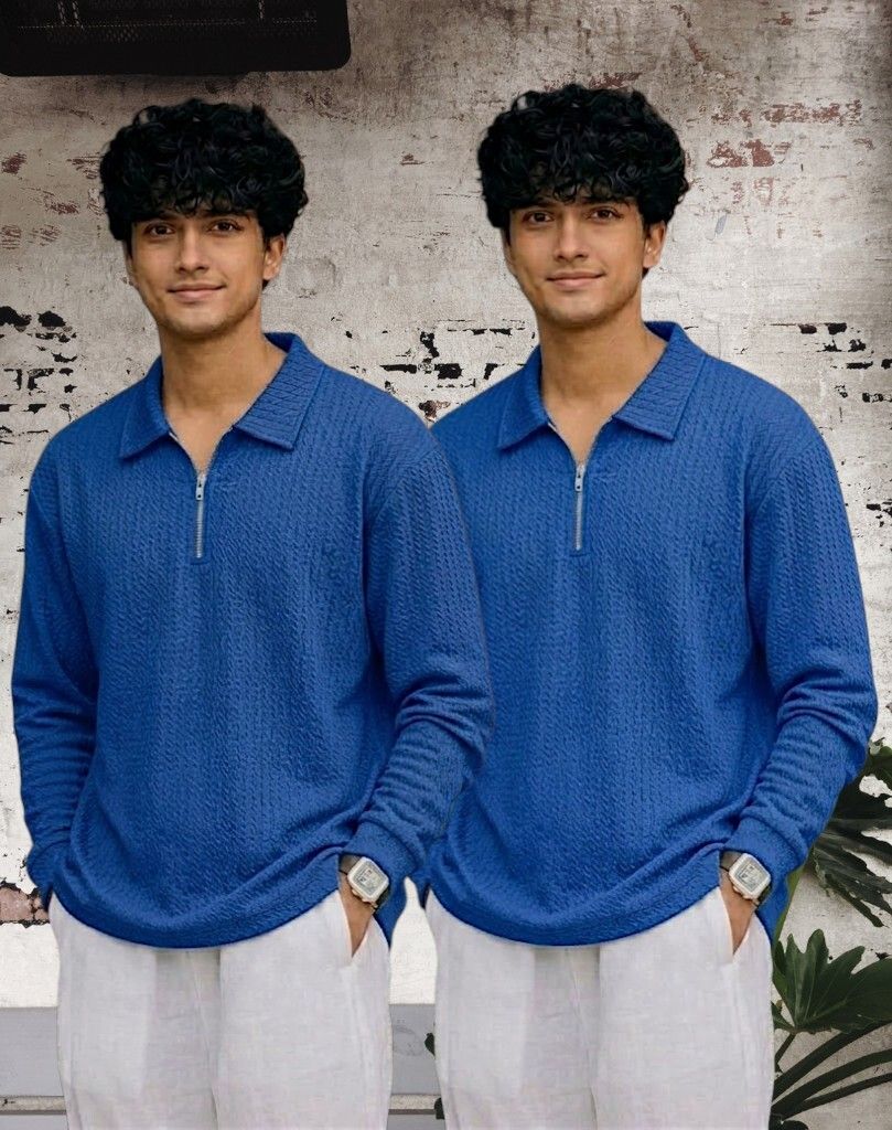 Men Full Sleeve Set of 02 Texture Polo Neck Full Tshirt For Men - Blue