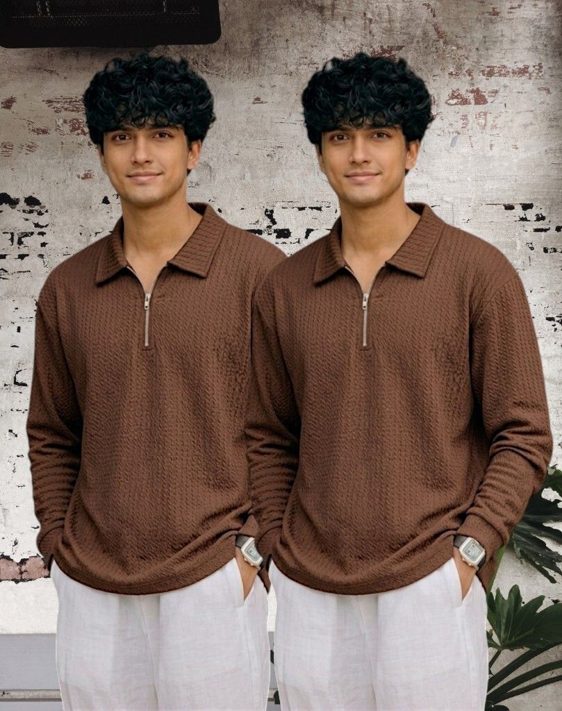 Men Full Sleeve Set of 02 Texture Polo Neck Full Tshirt For Men - Brown