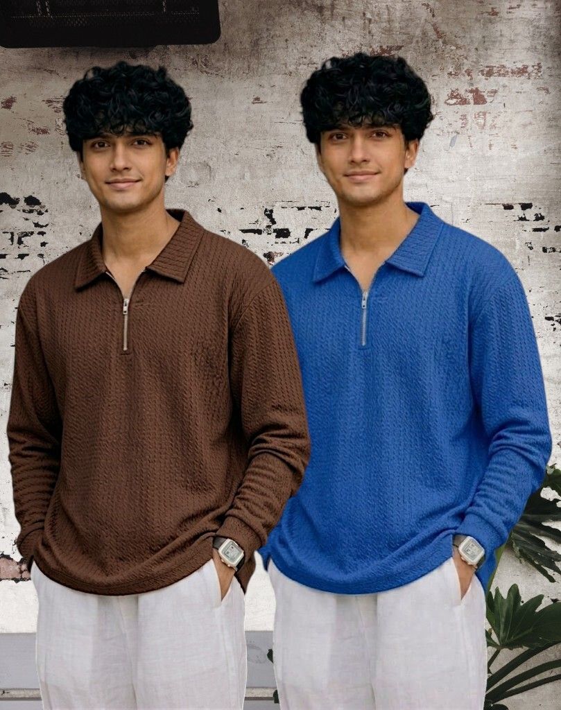 Men Full Sleeve Set of 02 Texture Polo Neck Full Tshirt For Men - Brn Blue