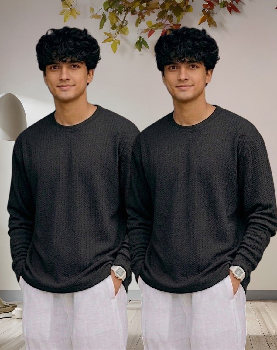 Men Full Sleeve Set of 02 Texture Round Neck Tshirt For Men - Black