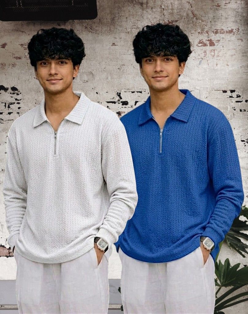 Men Full Sleeve Set of 02 Texture Polo Neck Full Tshirt For Men - Wht Blue