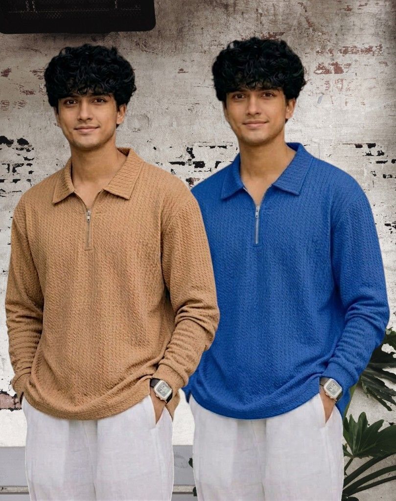 Men Full Sleeve Set of 02 Texture Polo Neck Full Tshirt For Men - Beige Blue