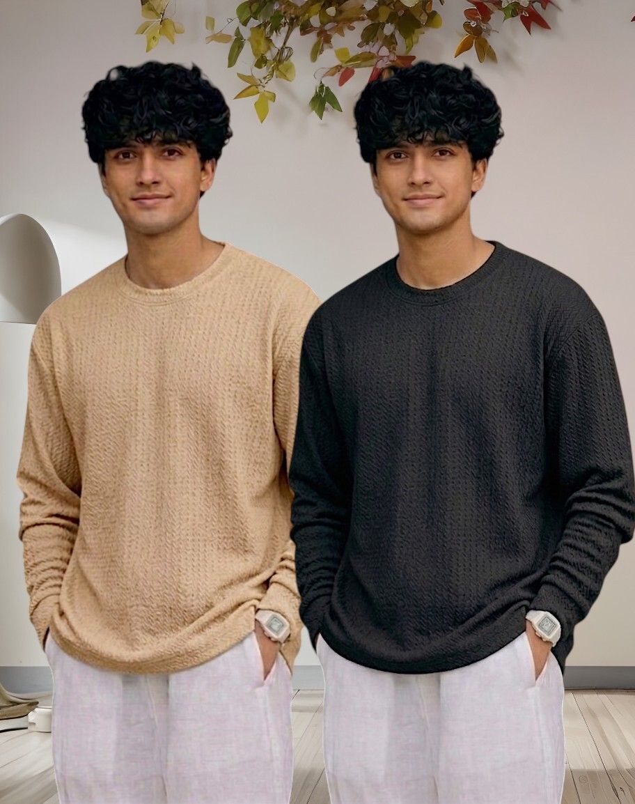 Men Full Sleeve Set of 02 Texture Round Neck Tshirt For Men - Beige Blk