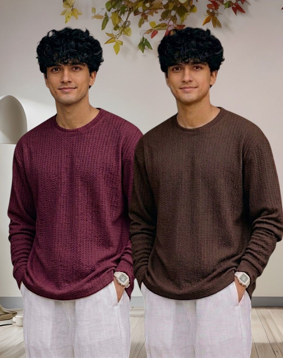 Men Full Sleeve Set of 02 Texture Round Neck Tshirt For Men - Wine Brn