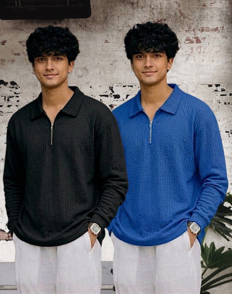 Men Full Sleeve Set of 02 Texture Polo Neck Full Tshirt For Men - Blk Blue