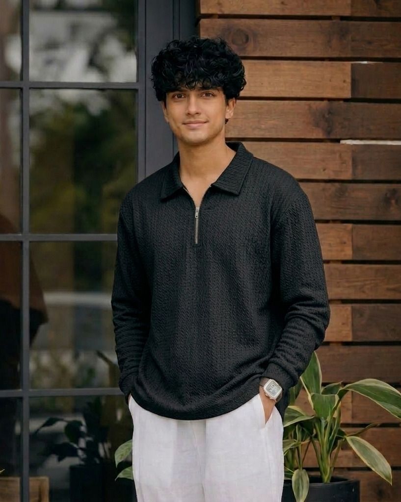 Karara Polyester Full Sleeve Half Zipper Tshirt - Black