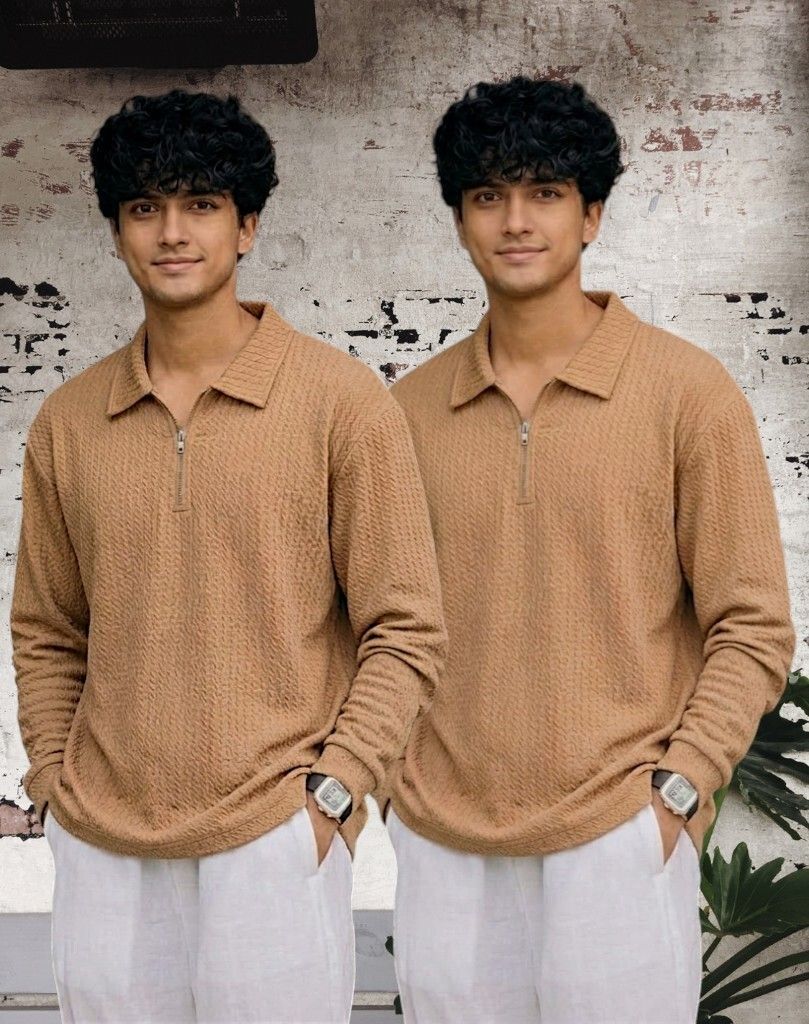 Men Full Sleeve Set of 02 Texture Polo Neck Full Tshirt For Men - Beige
