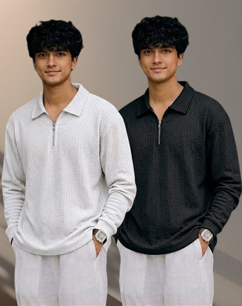Men Full Sleeve Set of 02 Texture Polo Neck Full Tshirt For Men - Wine Blk