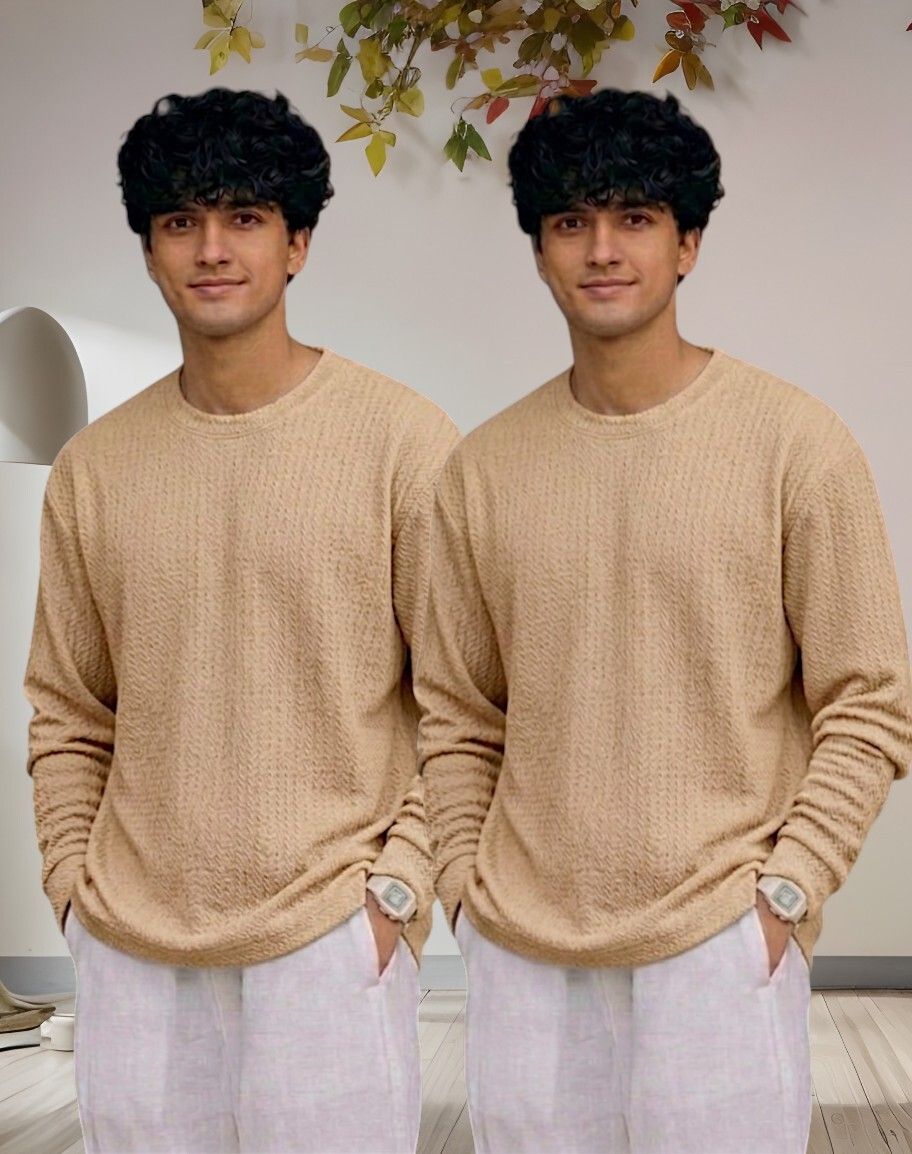 Men Full Sleeve Set of 02 Texture Round Neck Tshirt For Men - Beige