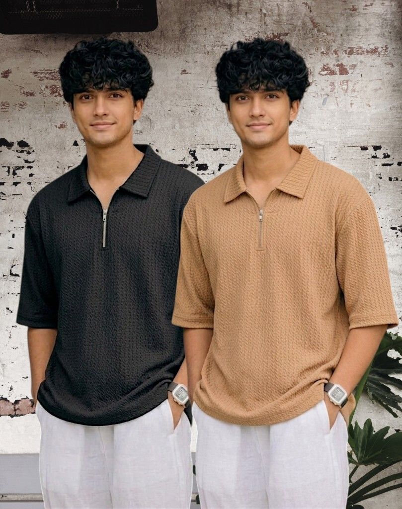 Men Full Sleeve Set of 02 Texture Polo Neck Half Tshirt For Men - Blk Beige