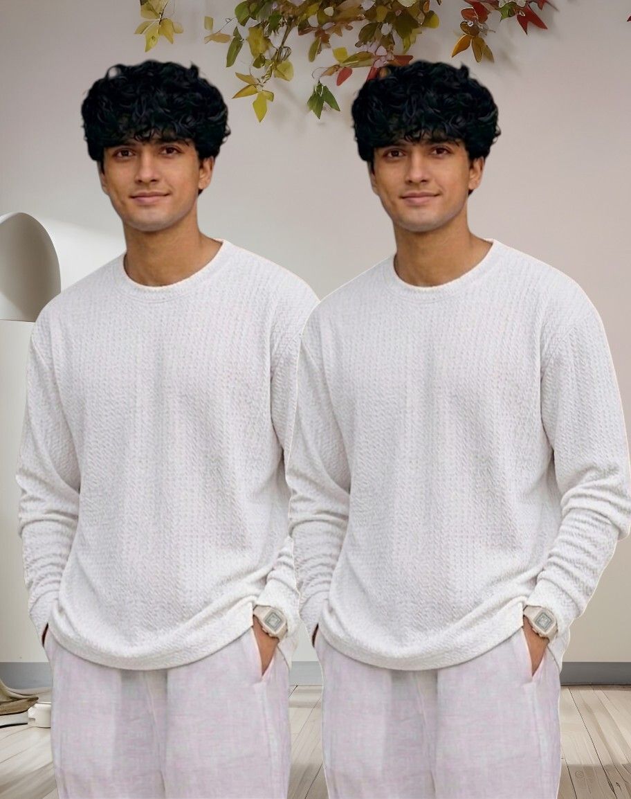 Men Full Sleeve Set of 02 Texture Round Neck Tshirt For Men - White
