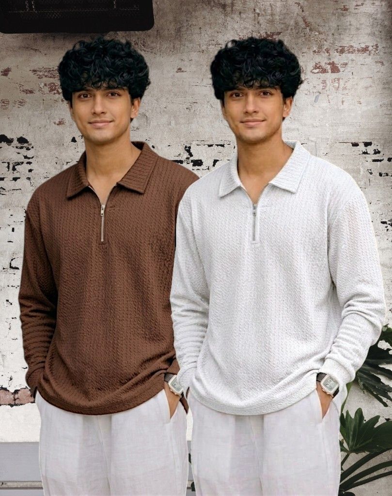 Men Full Sleeve Set of 02 Texture Polo Neck Full Tshirt For Men - Brn Wht