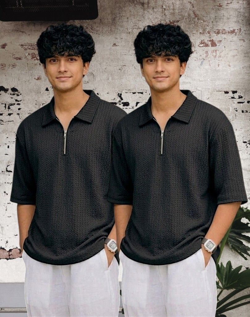Men Full Sleeve Set of 02 Texture Polo Neck Half Tshirt For Men - Black