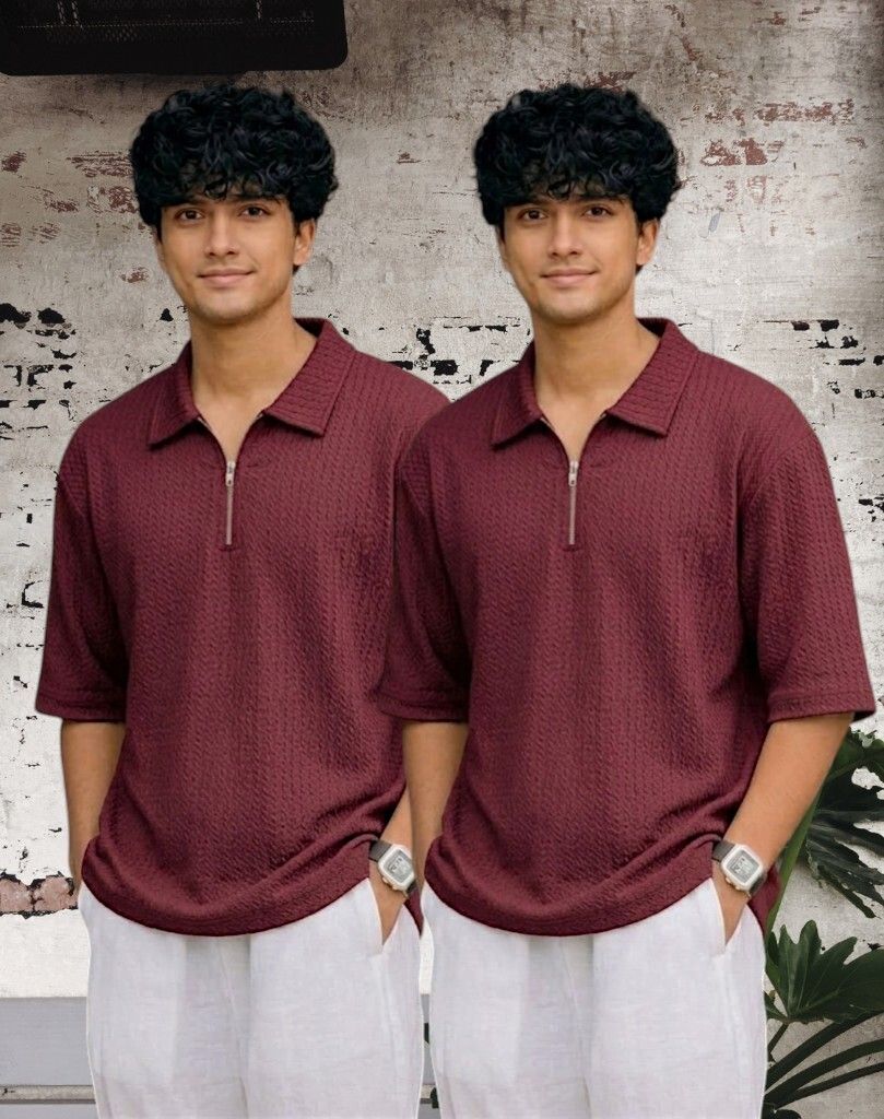 Men Full Sleeve Set of 02 Texture Polo Neck Half Tshirt For Men - Wine