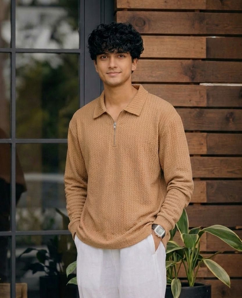 Karara Polyester Full Sleeve Half Zipper Tshirt - Beige