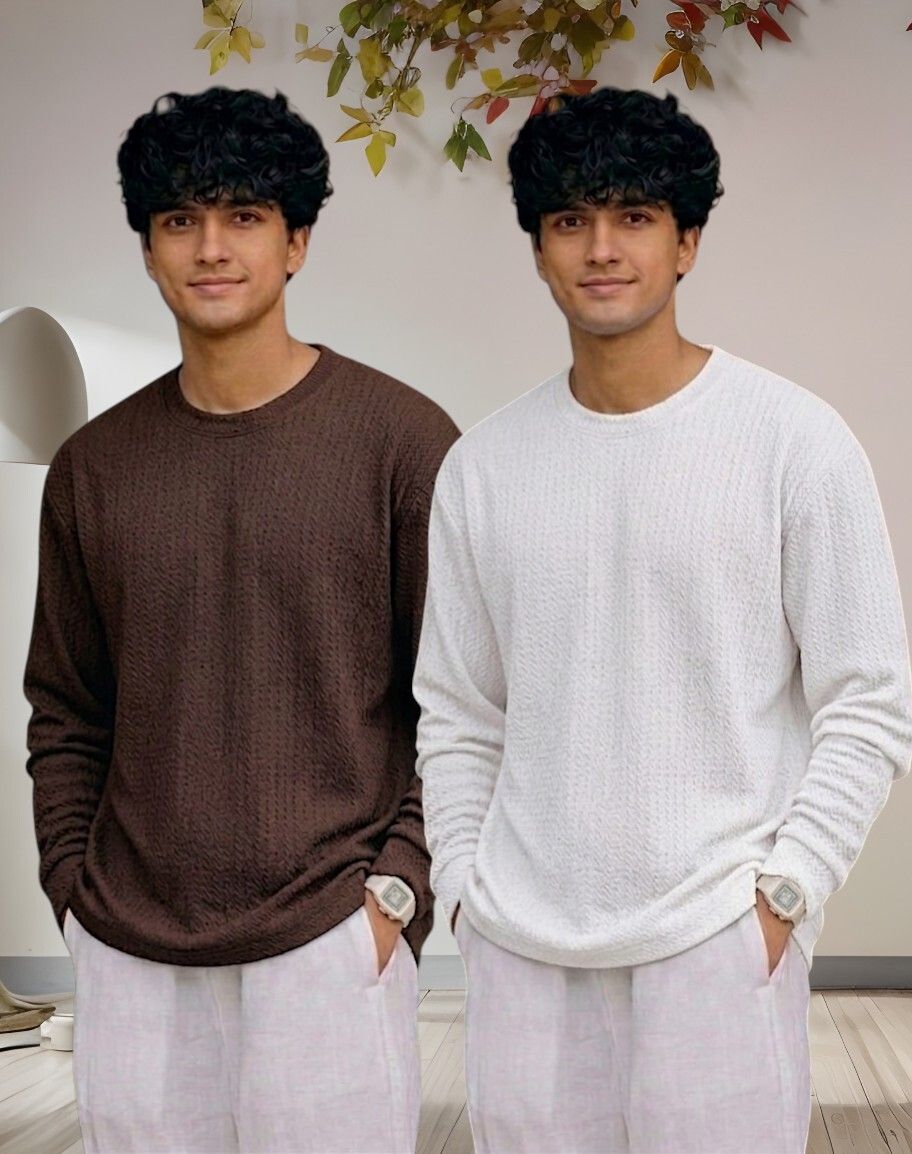 Men Full Sleeve Set of 02 Texture Round Neck Tshirt For Men - Brwn White