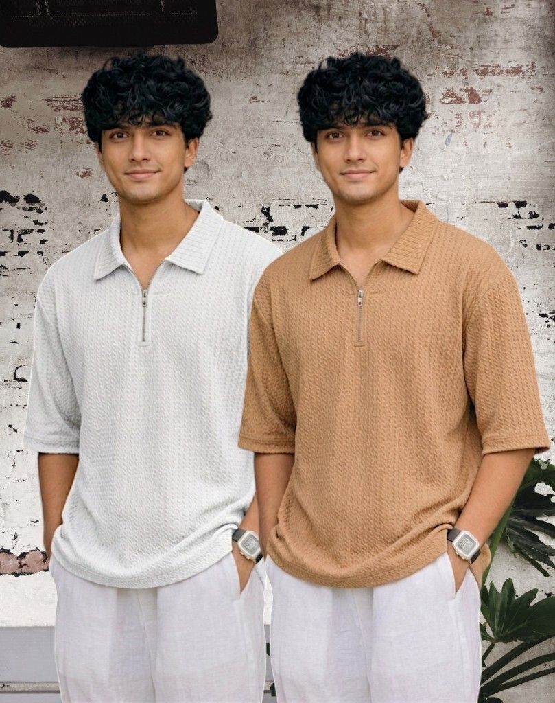 Men Full Sleeve Set of 02 Texture Polo Neck Half Tshirt For Men - Wht Beige