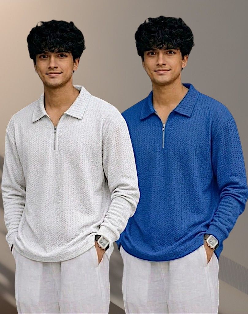 Men Full Sleeve Set of 02 Texture Polo Neck Full Tshirt For Men - Wine Blue