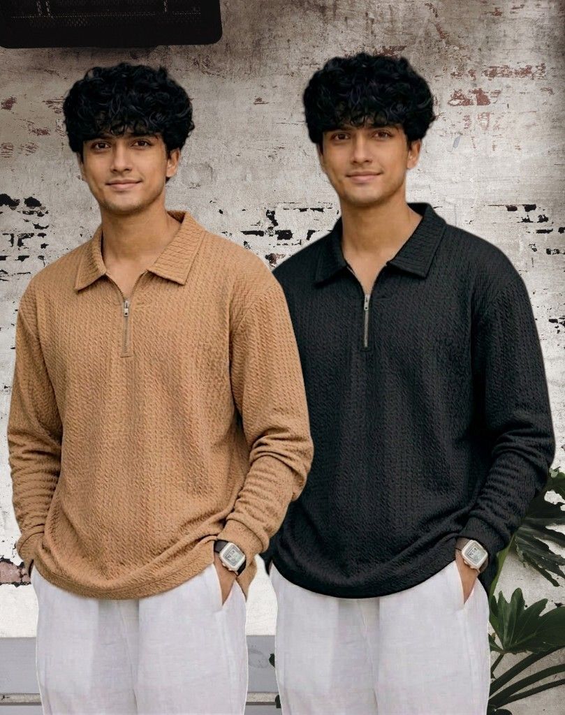 Men Full Sleeve Set of 02 Texture Polo Neck Full Tshirt For Men - Beige Blk