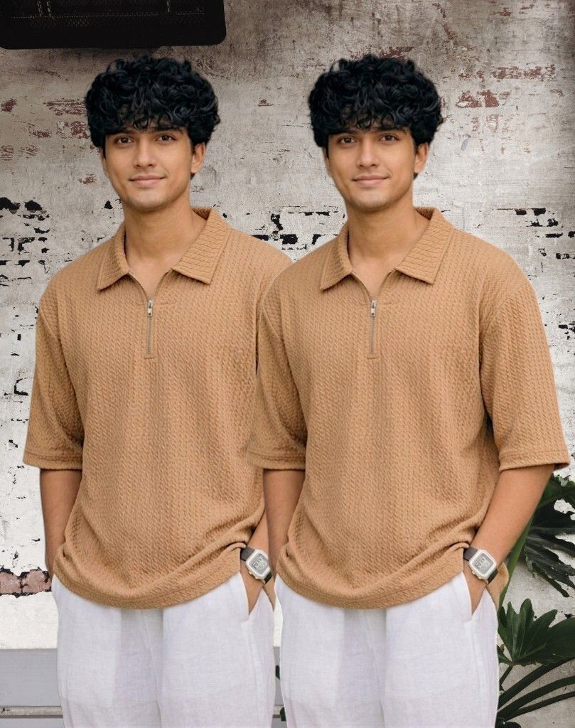 Men Full Sleeve Set of 02 Texture Polo Neck Half Tshirt For Men - Beige