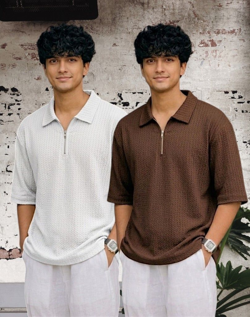 Men Full Sleeve Set of 02 Texture Polo Neck Half Tshirt For Men - Wht Brn