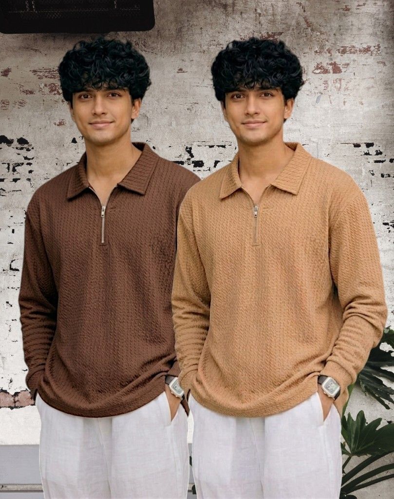 Men Full Sleeve Set of 02 Texture Polo Neck Full Tshirt For Men - Brn Beige