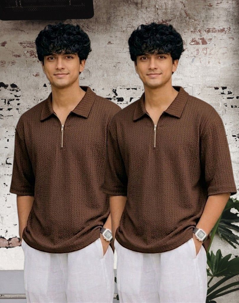 Men Full Sleeve Set of 02 Texture Polo Neck Half Tshirt For Men - Brn