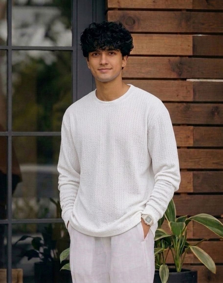 Men Full Sleeve Texture Round Neck Tshirt For Men - White