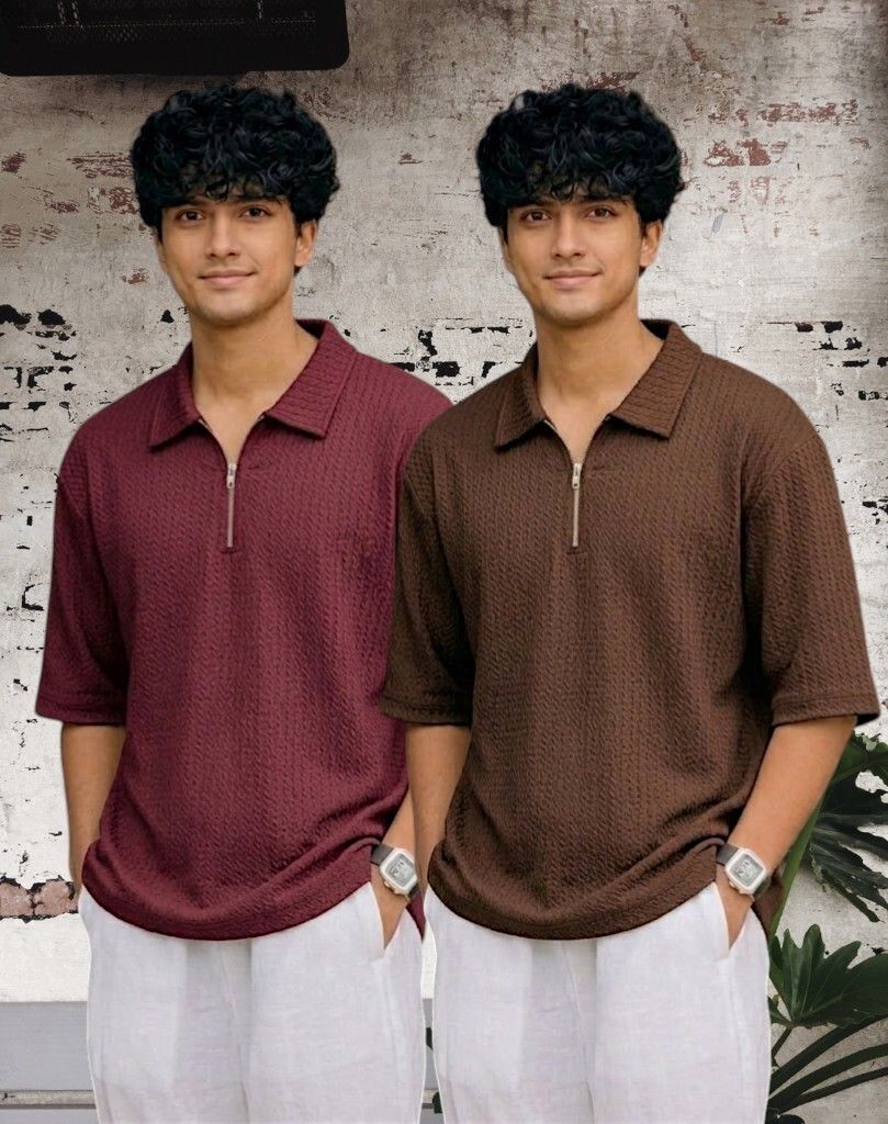 Men Full Sleeve Set of 02 Texture Polo Neck Half Tshirt For Men - Wine Brn