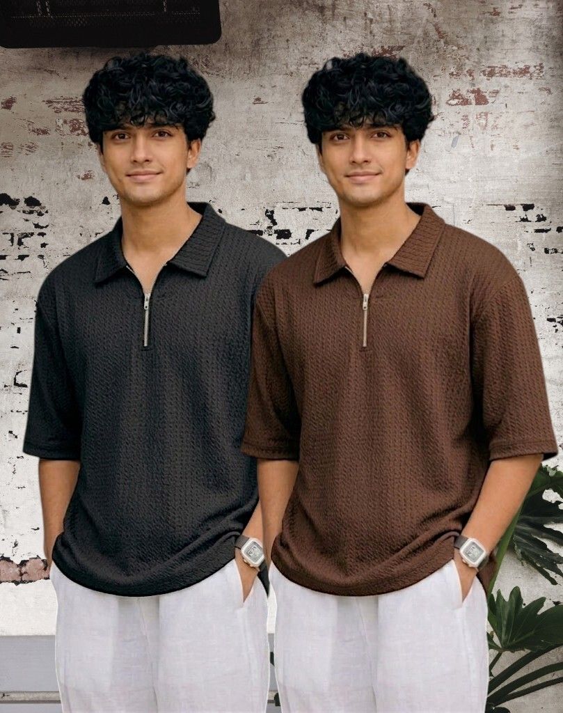 Men Full Sleeve Set of 02 Texture Polo Neck Half Tshirt For Men - Blk Brn