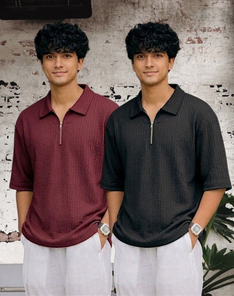 Men Full Sleeve Set of 02 Texture Polo Neck Half Tshirt For Men - Blk Wine