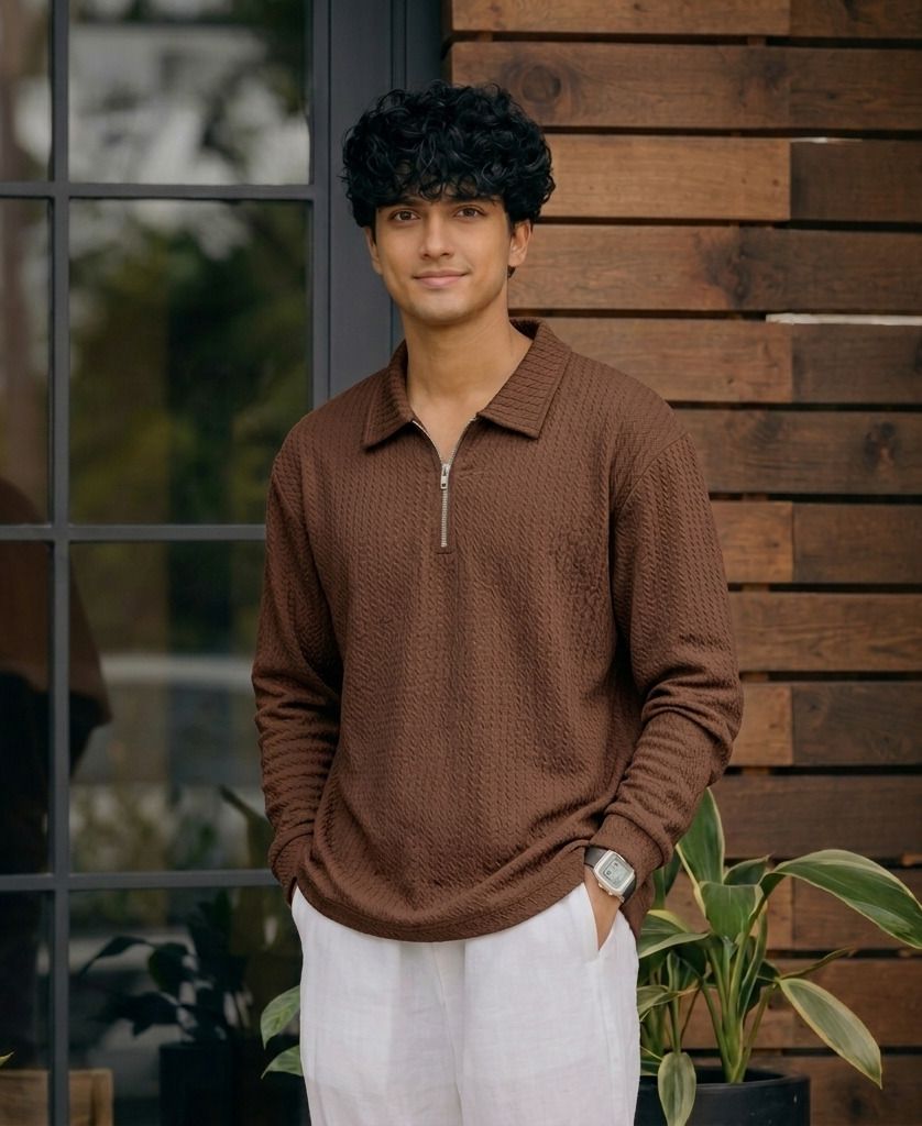 Karara Polyester Full Sleeve Half Zipper Tshirt - Brown