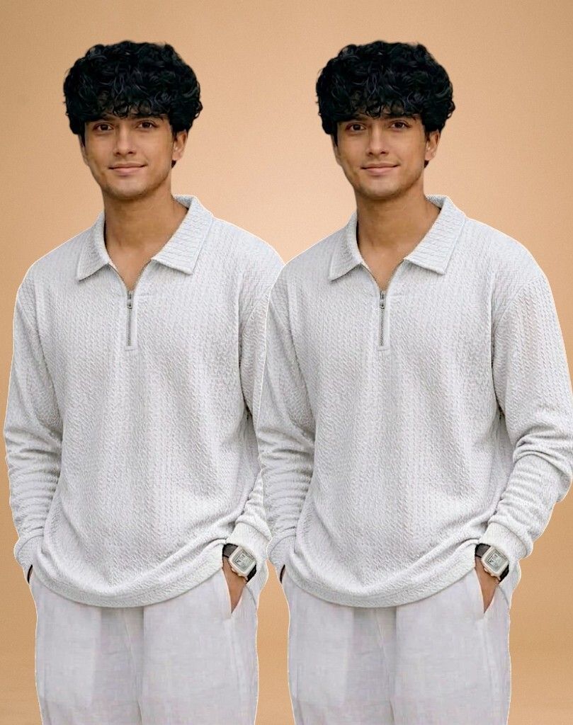 Men Full Sleeve Set of 02 Texture Polo Neck Full Tshirt For Men - Wine