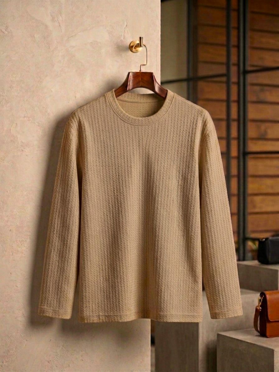 Men Full Sleeve Texture Round Neck Tshirt For Men - Beige