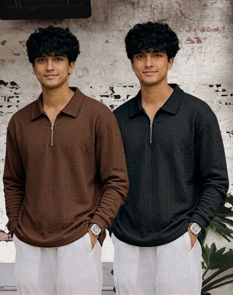 Men Full Sleeve Set of 02 Texture Polo Neck Full Tshirt For Men - Brn Blk
