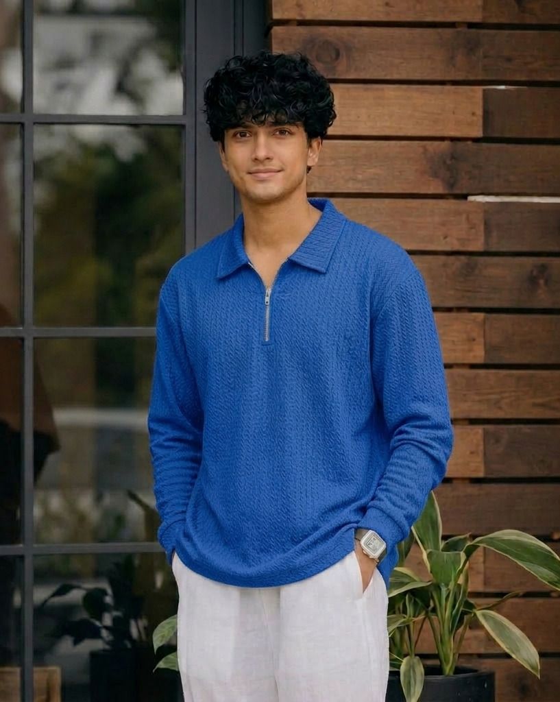 Karara Polyester Full Sleeve Half Zipper Tshirt - Blue