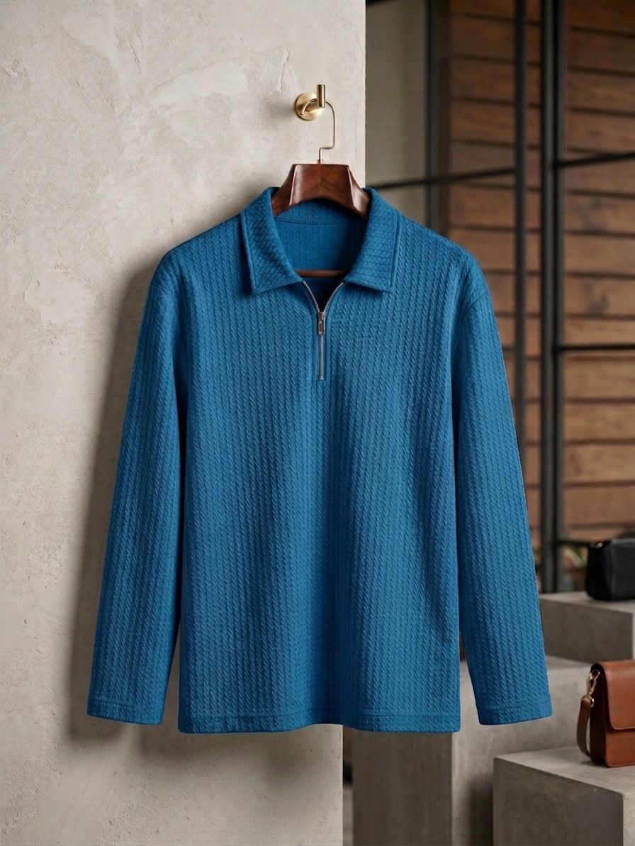 Karara Polyester Full Sleeve Half Zipper Tshirt - Blue