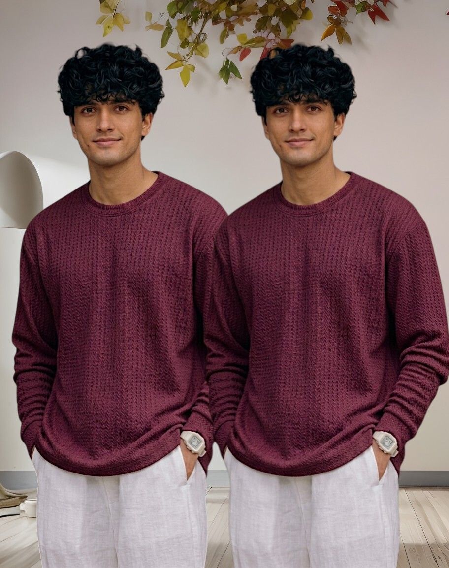 Men Full Sleeve Set of 02 Texture Round Neck Tshirt For Men - Wine
