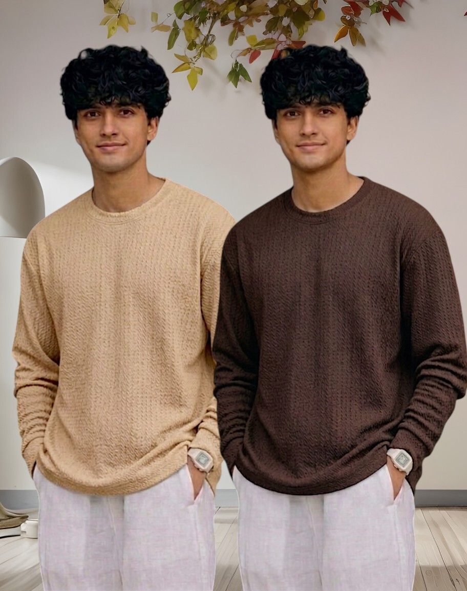 Men Full Sleeve Set of 02 Texture Round Neck Tshirt For Men - Beige Brn
