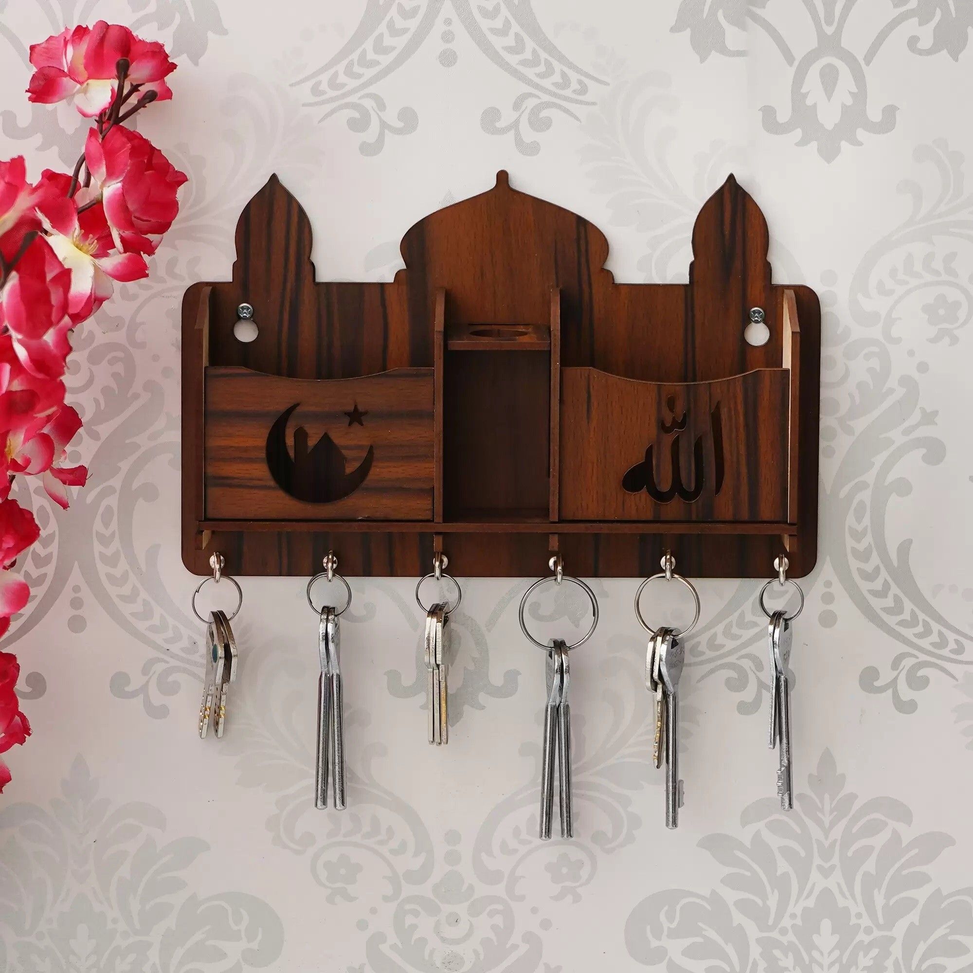 Beautiful Wooden Allah Taj Key Holder For Home Wall Decoration