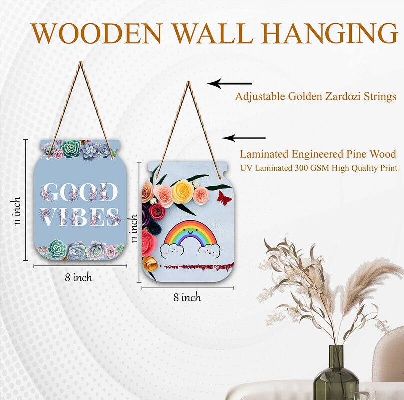 Set of 2 Jar Shape Good Vibes MDF Designer Wall Hanging|Wall Decoration|WHB-J-01