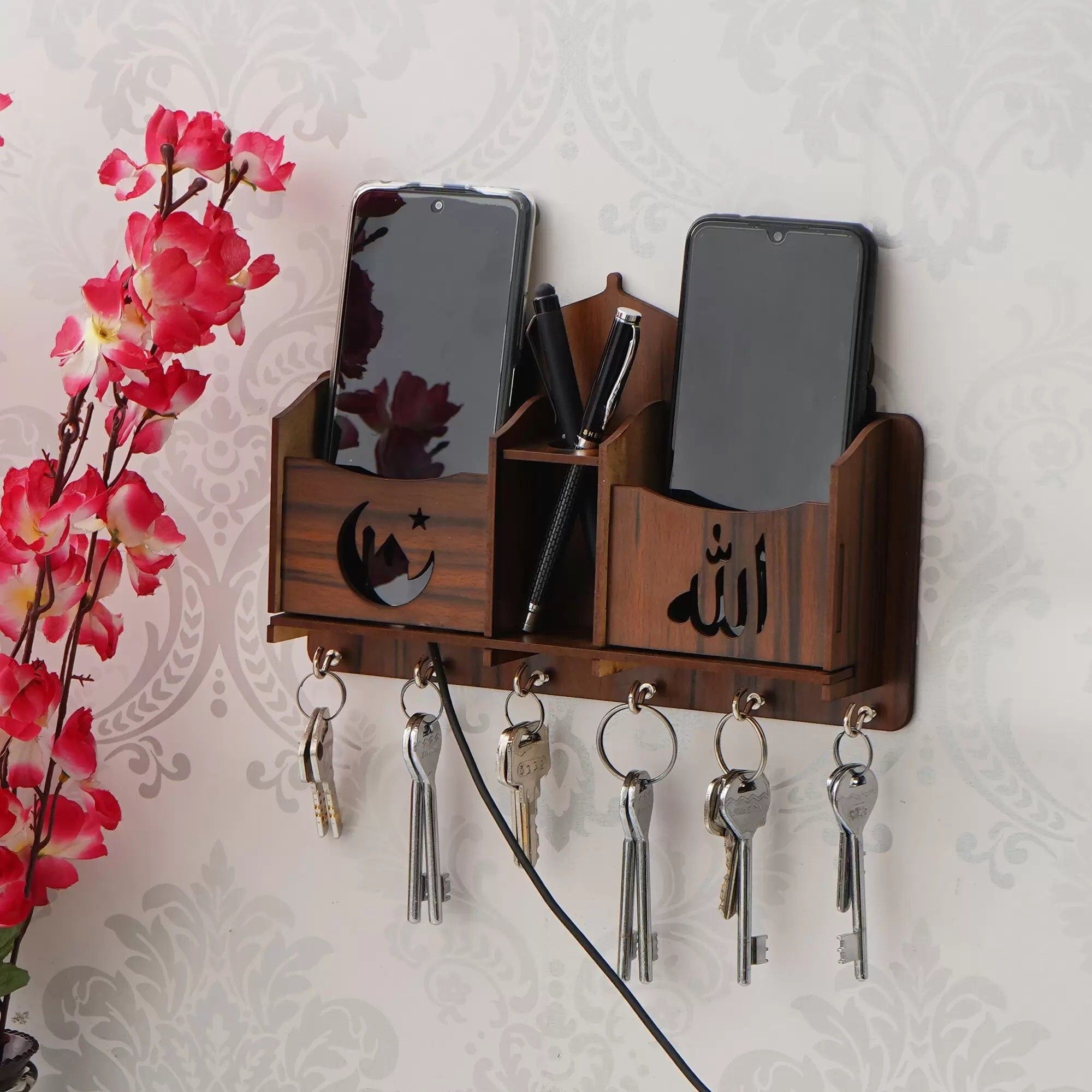 Beautiful Wooden Allah Taj Key Holder For Home Wall Decoration