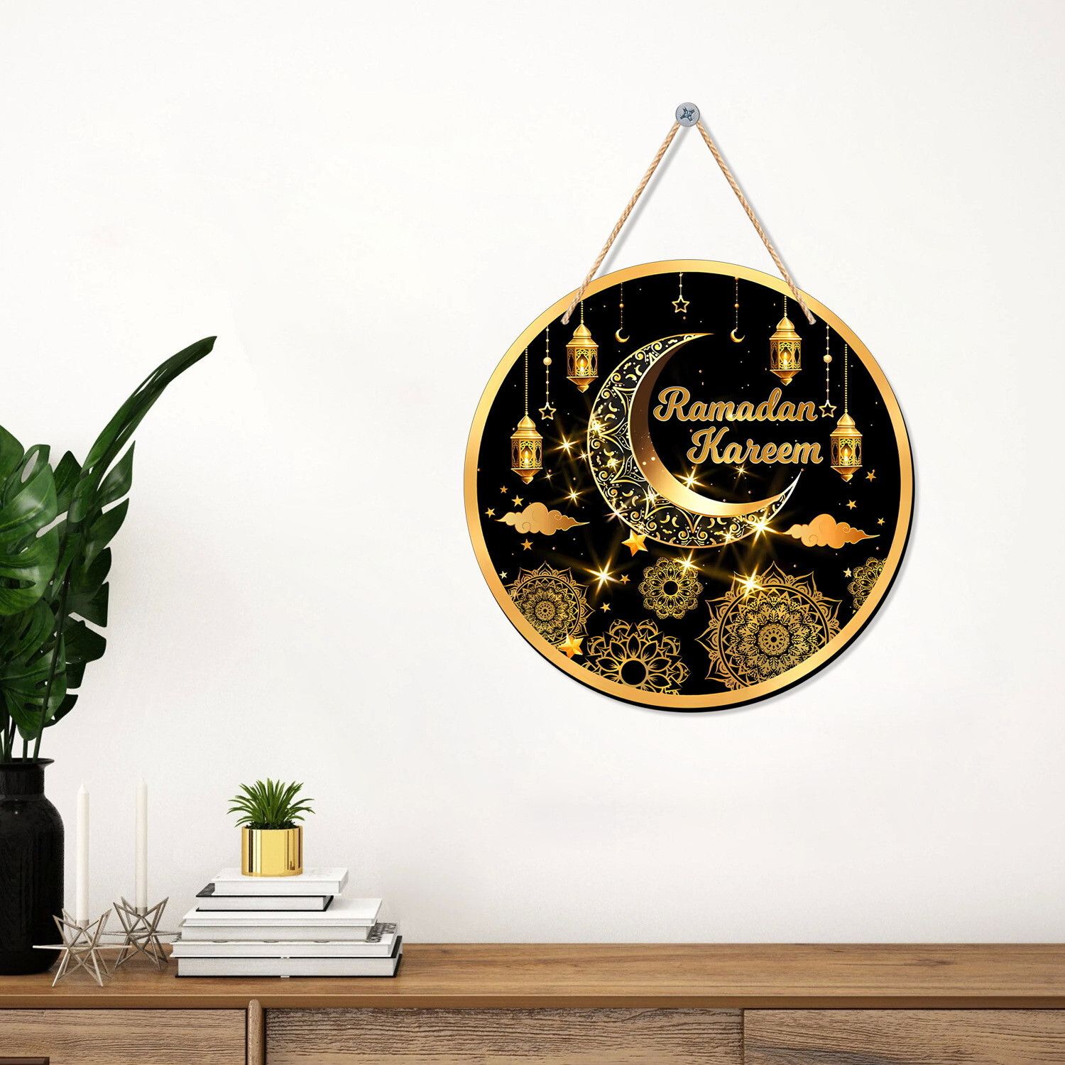 Ramadan Kareem Hanging Wall Decor – Elegant Gold & Black Islamic Ornament