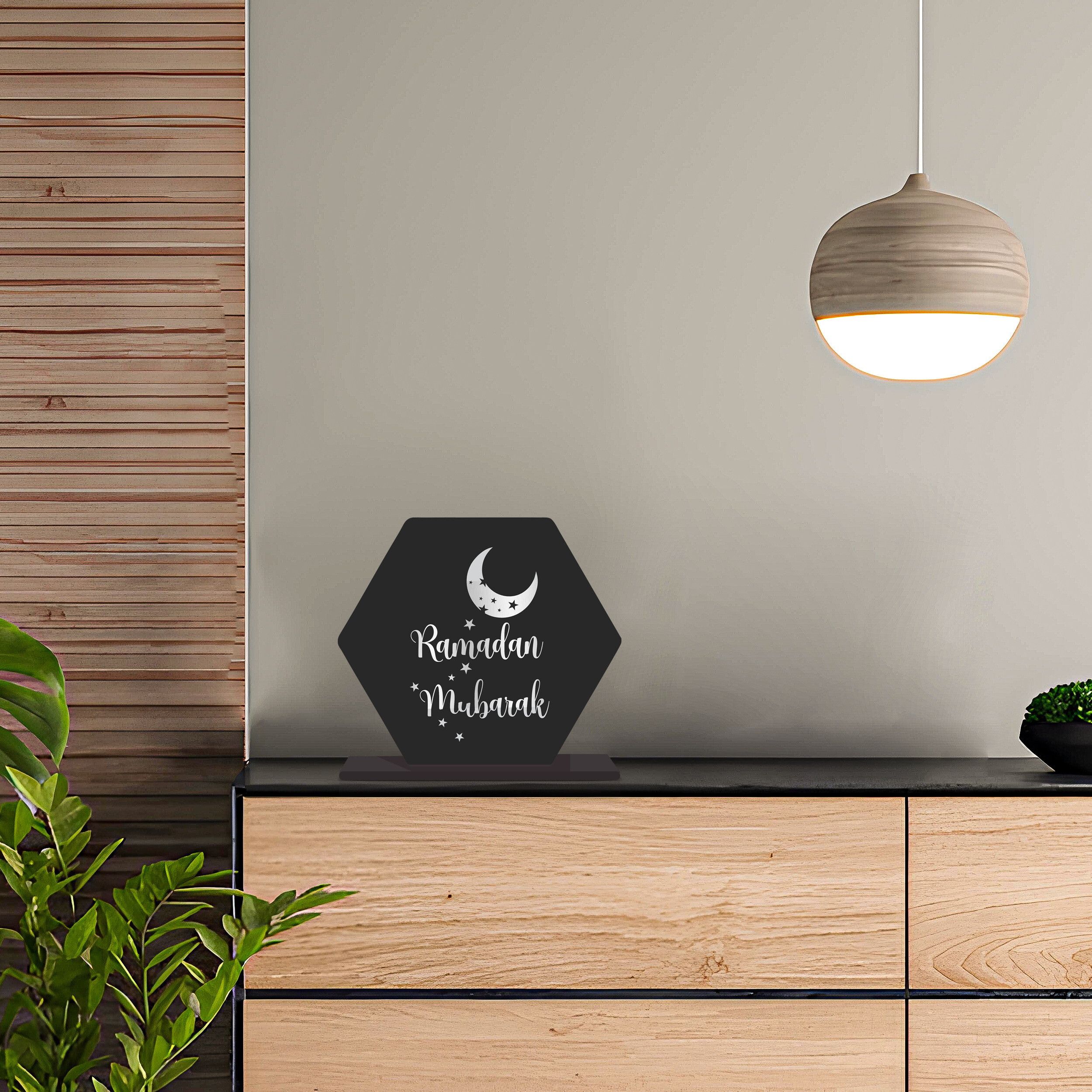 Elegant Ramadan Mubarak Wooden Table Décor – Hexagon Moon & Stars Design | Gift