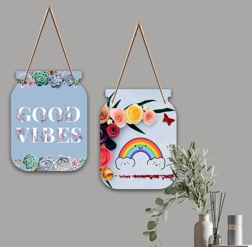 Set of 2 Jar Shape Good Vibes MDF Designer Wall Hanging|Wall Decoration|WHB-J-01