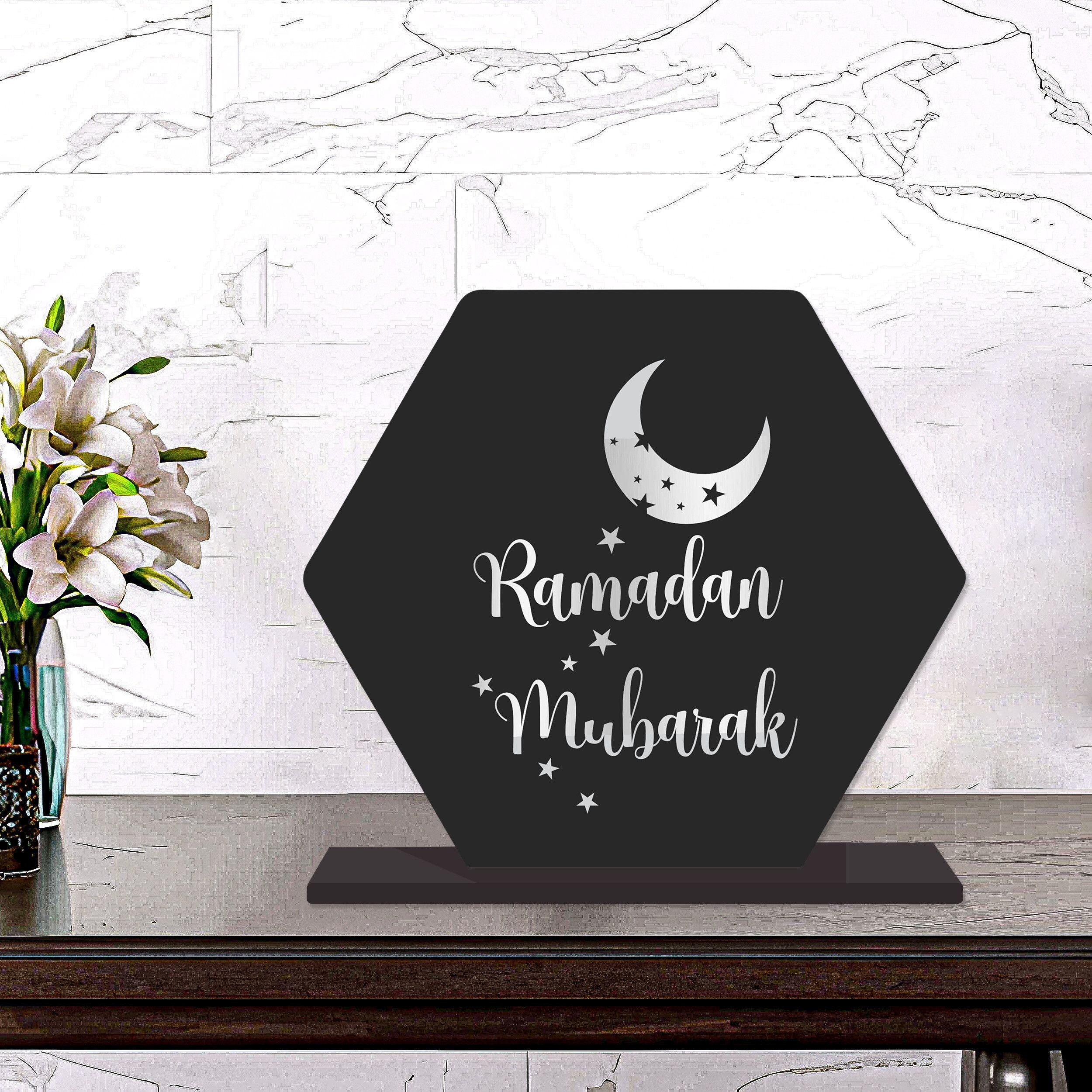 Elegant Ramadan Mubarak Wooden Table Décor – Hexagon Moon & Stars Design | Gift